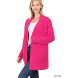 Long Sleeve Popcorn Sweater Cardigan with Pockets Hot Pink and Turquoise