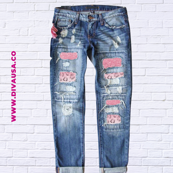 Leopard Patch Distressed Straight Leg Jeans