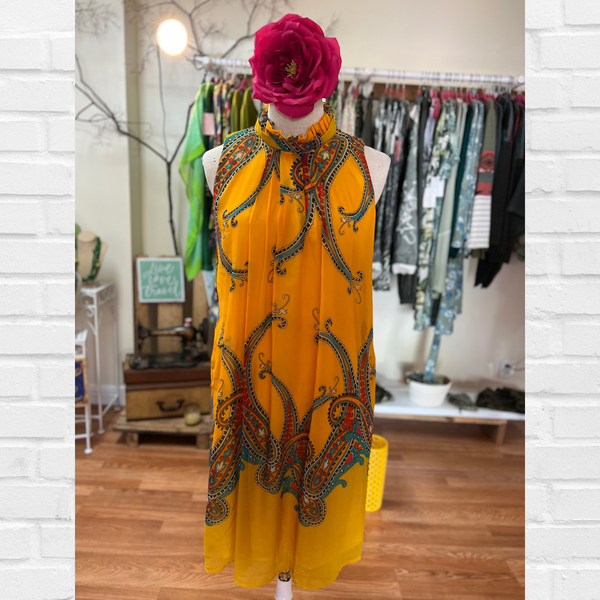 Bold Yellow With Paisley Print Chiffon High Neck-Line Frill Dress