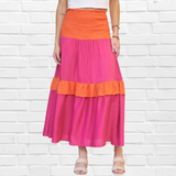Hot Pink and Orange ColourBlock Smocked Ruffle  Maxi Skirt