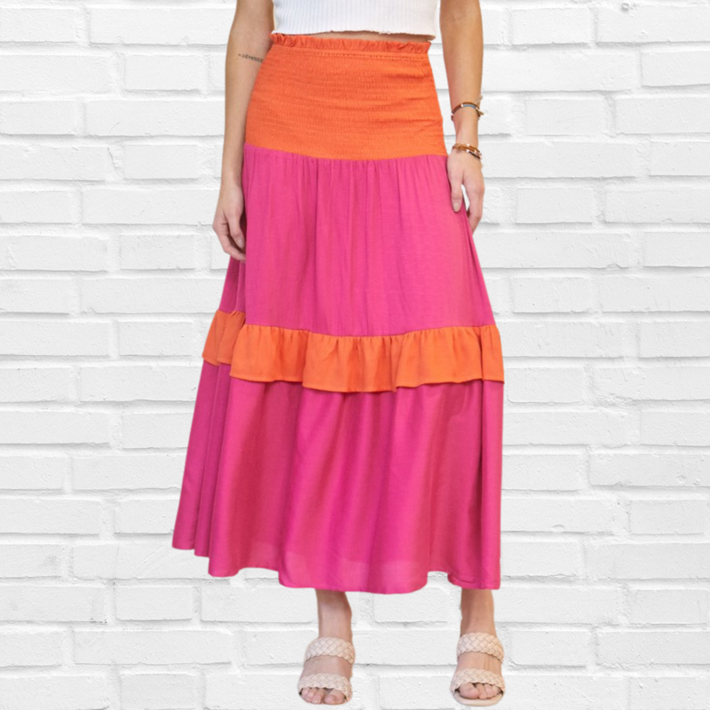 Hot Pink and Orange ColourBlock Smocked Ruffle  Maxi Skirt
