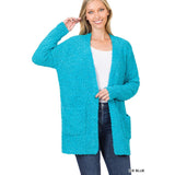 Long Sleeve Popcorn Sweater Cardigan with Pockets Hot Pink and Turquoise