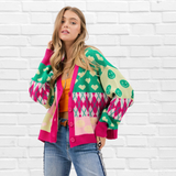 Vneck Drop Shoulder Loose Fitting Multi Pattern Sweater