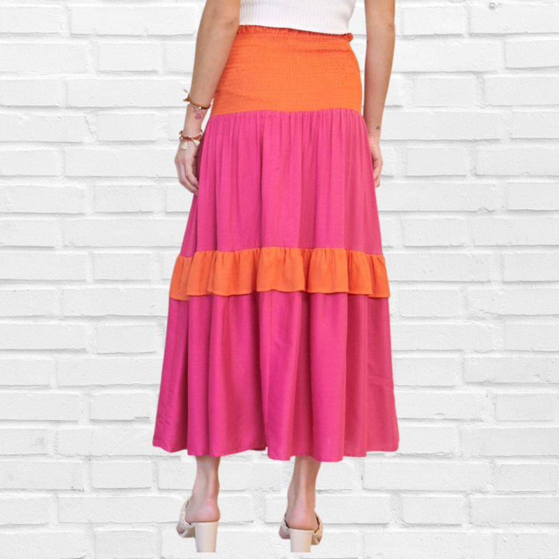 Hot Pink and Orange ColourBlock Smocked Ruffle  Maxi Skirt