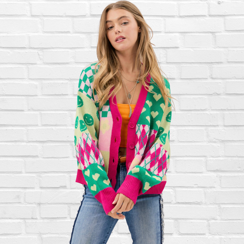 Vneck Drop Shoulder Loose Fitting Multi Pattern Sweater