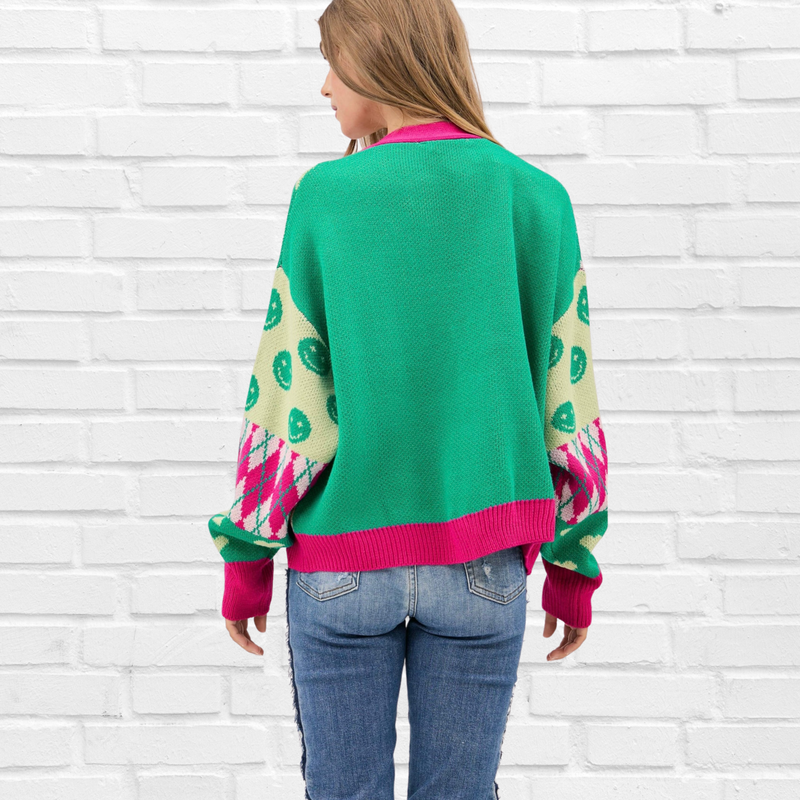 Vneck Drop Shoulder Loose Fitting Multi Pattern Sweater