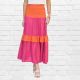 Hot Pink and Orange ColourBlock Smocked Ruffle  Maxi Skirt