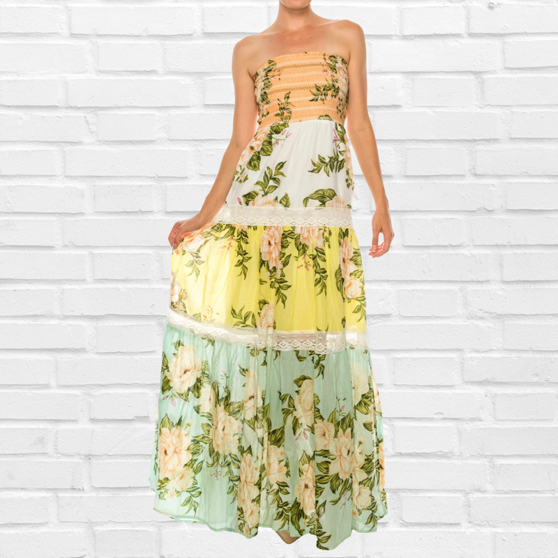 Jamie Floral Summer Dress - Soft Melon White Yellow and Light Blue Floral Print