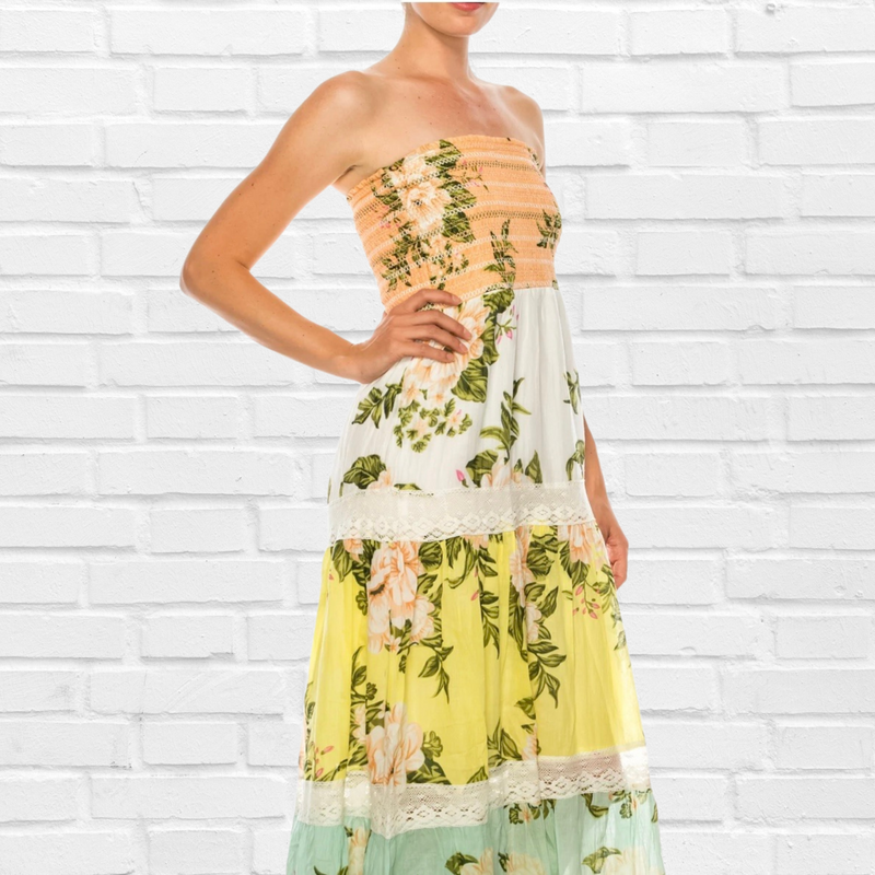 Jamie Floral Summer Dress - Soft Melon White Yellow and Light Blue Floral Print