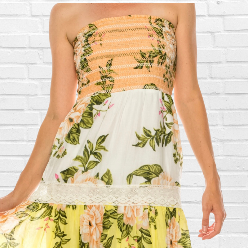Jamie Floral Summer Dress - Soft Melon White Yellow and Light Blue Floral Print