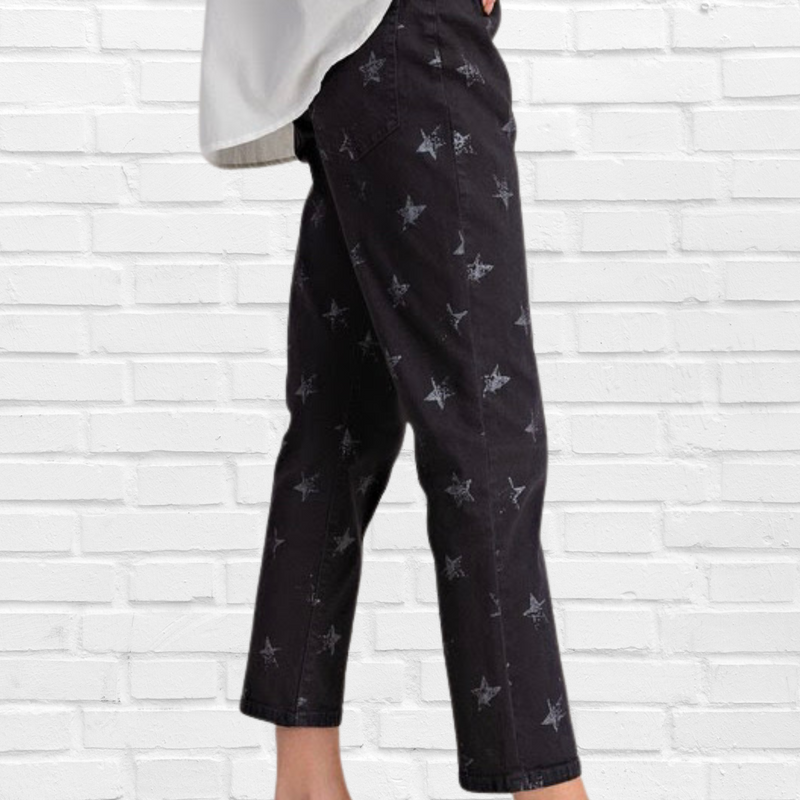 Star Printed Denim Jeans - Black and white Star Print