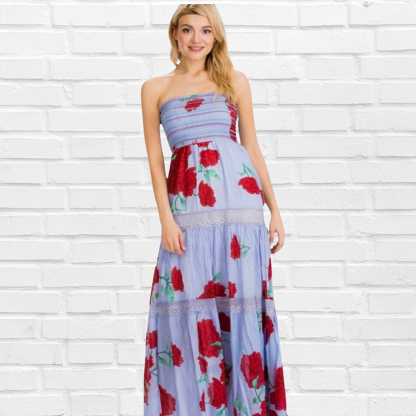 JADE DRESS - Periwinkle and Red Big Flower Print
