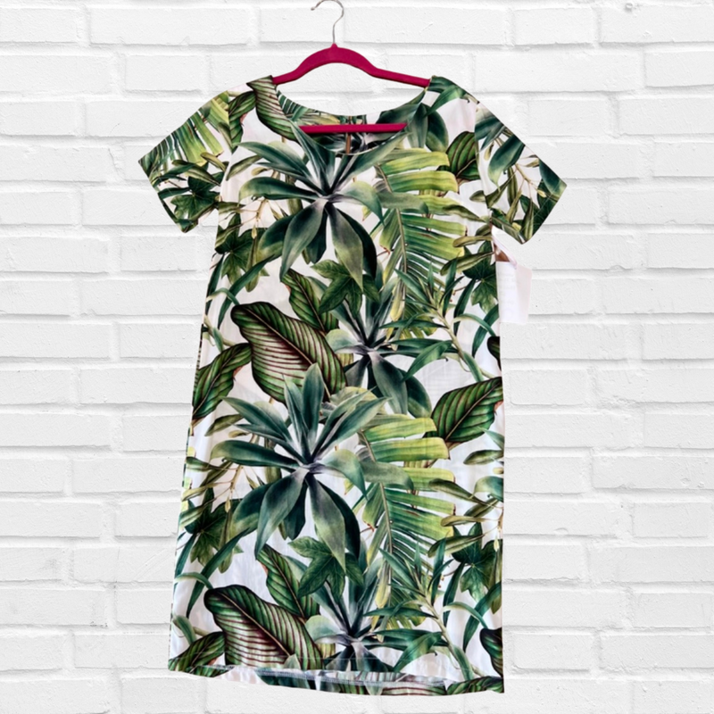 Jenneke Palm Leaf Shift Dress - Palm Green Leafs Printed on a white Back Ground