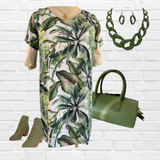 Jenneke Palm Leaf Shift Dress - Palm Green Leafs Printed on a white Back Ground