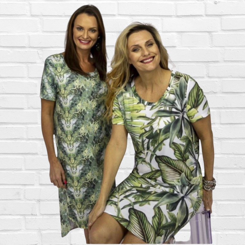 Jenneke Palm Leaf Shift Dress - Palm Green Leafs Printed on a white Back Ground