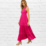 Hot Pink Lace Trip Ruffle V Neck Maxi Dress