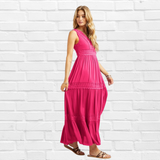 Hot Pink Lace Trip Ruffle V Neck Maxi Dress