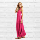 Hot Pink Lace Trip Ruffle V Neck Maxi Dress
